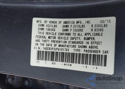 2015 Honda Accord Sport z USA, uszkodzony, nr VIN 1HGCR2F52FA191765